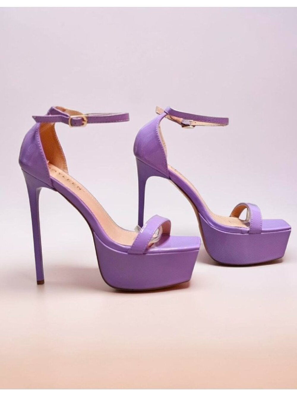 Lilac Platform Stiletto Heels With Ankle Strap Patent Finish
